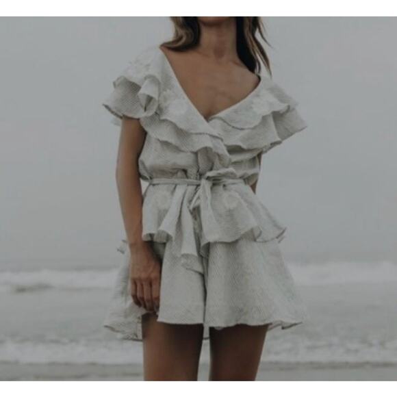 Innika Choo Striped Ruffle Mini Dress OS Linen Floral Embroidery Sailor Wrap - Picture 15 of 16